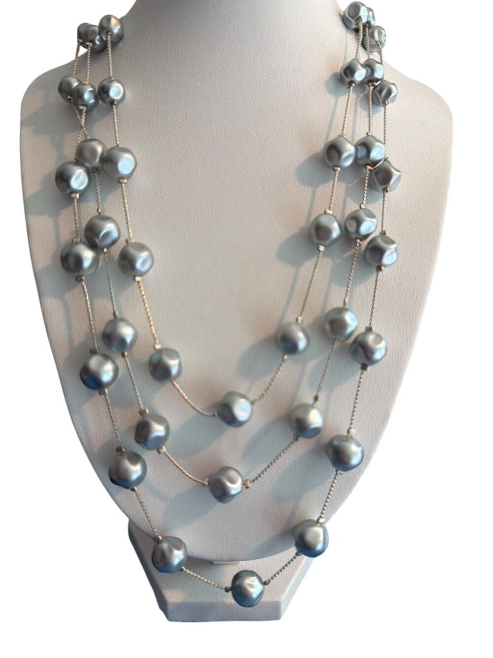 Vintage Silver Tone Multi Strand Necklace Gray Faux Pearl Stations Adj 19"